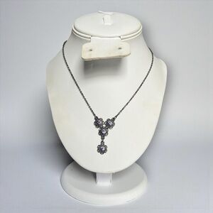 1928 Gunmetal Black Purple Crystal Flower Drop Necklace CC